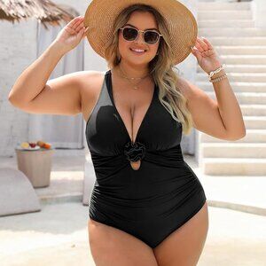 NWT Womens Black One Piece Swimsuit Tummy Control Bathing Suit w/ Flower SZ XXL